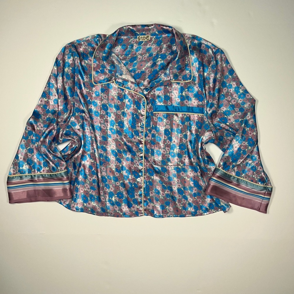 Free People Pillow Talk Satin Pajama Top Womens XL Blue Floral Striped PJ Shirt